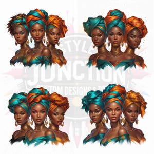 Elegant African Queen PNG Bundle 4 Powerful Afrocentric Black Woman Clipart Files | Headwrap Art with Transparent Background for Sublimation