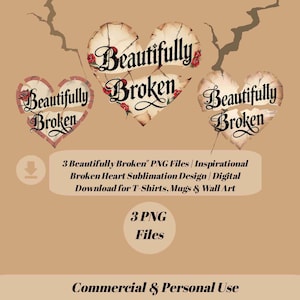 Prachtig gebroken hart png-bundel | 3 hoge resolutie digitale clipartbestanden met transparante achtergrond | Sublimatiedownload voor kleding en meer