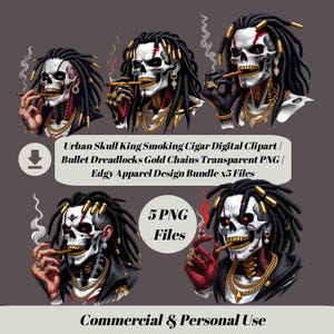 Stedelijke schedel koning roken sigaar digitale clipart | Bullet Dreadlocks gouden kettingen transparant png Edgy Apparel Design-bundel x5 bestanden
