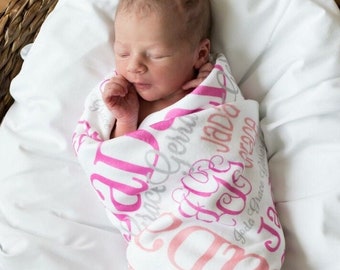 Baby Swaddle Blanket with Name, Personalized Blankets, Monogrammed Blankie, Handmade Unique Baby Shower Gift, Monthly Milestone, Boy Girl