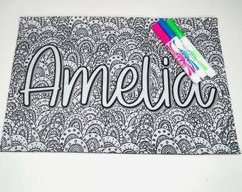 Personalized Coloring Placemat, Custom Kids Name Placemats, Unique Handmade Gifts for Kids, Reusable Coloring Pages, Activity Book