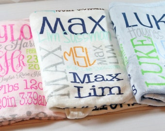 Personalized Baby Blanket Minky Cuddle Swaddle Blanket Monogrammed Baby Gift Birth Announcement Name Blanket Newborn Photo Prop