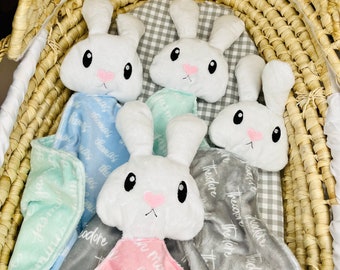 Personalized Baby Lovey Blanket with Name, Bunny Plushie Lovie, Handmade Baby Shower Gifts for New Mom, Custom Newborn Gift, Minky Plush