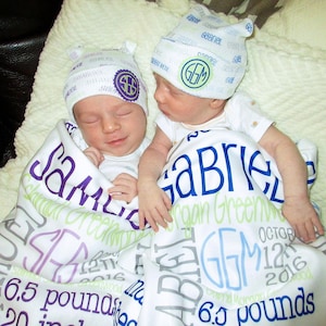 Personalized Baby Name Blanket and Hat, Newborn Knit Hat Swaddle Blanket, Handmade Baby Shower Gift Set, Infant Knot Beanie Monogrammed