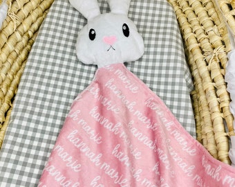 Personalized Baby Lovey Blanket with Name, Bunny Plushie Lovie, Handmade Baby Shower Gifts for New Mom, Custom Newborn Gift, Minky Plush