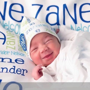 Personalized Baby Name Blanket and Hat, Newborn Knit Hat Swaddle Blanket, Handmade Baby Shower Gift Set, Infant Knot Beanie Monogrammed