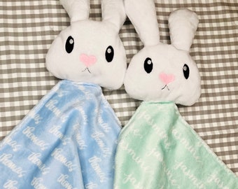 Personalisierte Baby Lovey Decke mit Namen, Häschen Plushie Lovie, handgemachte Baby-Dusche-Geschenke für die neue Mutter, benutzerdefinierte Neugeborenen Geschenk, Minky Plüsch