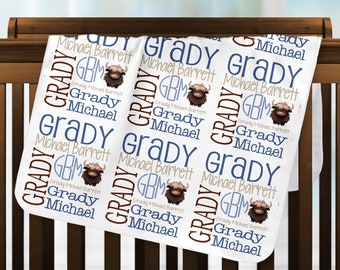 Personalized Baby Highland Cow Blanket, Monogrammed Handmade Blanket, Custom Name Swaddle Receiving Blanket, Unique Baby Shower Gift New Mom