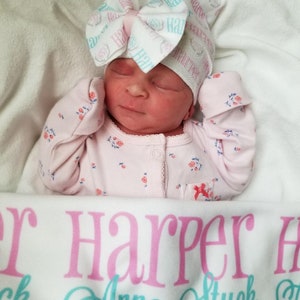 Personalized Baby Name Blanket and Bow Hat, Newborn Knit Hat Swaddle Blanket, Handmade Baby Shower Gift Set, Infant Knot Beanie Monogrammed