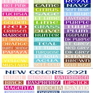 May include: A chart of color names with a variety of colors, including salmon, coral, black, mint, dk aqua, med blue, royal, navy, soft blue, lt blue, lavender, purple, tulip, plum, eggplant, dk purple, lt grey, med grey, dk grey, khaki, brown, gold rush, blush, blossom, watermelon, brick, raspberry, lipstick, magenta, mocha, sand, periwinkle, denim, stonewashed, seafoam, spearmint, and kelly.