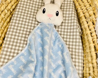 Personalized Baby Lovey Blanket with Name, Bunny Plushie Lovie, Handmade Baby Shower Gifts for New Mom, Custom Newborn Gift, Minky Plush