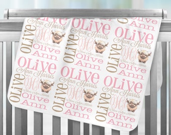 Personalized Baby Highland Cow Blanket, Newborn Name Swaddle, Handmade Baby Shower Gift, Monogrammed Custom Blankets Gifts for Kids Boy Girl