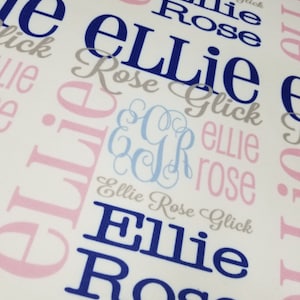May include: A white blanket with a repeating pattern of the name "Ellie Rose" in various fonts and colors, including navy blue, light blue, pink, and gray. The design features the full name and initials.