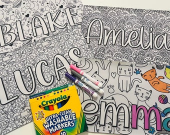 Personalized Coloring Placemat, Custom Kids Name Placemats, Unique Handmade Gifts for Kids, Reusable Coloring Pages, Activity Book