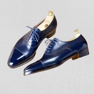 Handmade Genuine Leather Navy Blue Cap Toe Formal Casual Dress Shoes For Men, Office Shoes for Men,Oxford Shoes,Formal Dress Shoes For Men