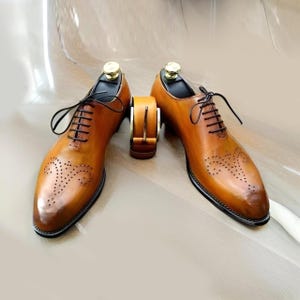 Bespoke Handmade Dress Whole-cut Men Shoe Tan Leather Brogue Oxford Lace Up Shoes, Wedding Shoes for Men, Gift for Him, Oxford Lace Up Shoes