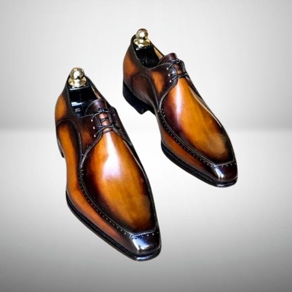 Men's Handmade Tan Real Leather Shoes, Derby Lace Up Dress Shoes For Men, Office Shoes For Men, Oxford Shoes, Christmas Gift For Him
