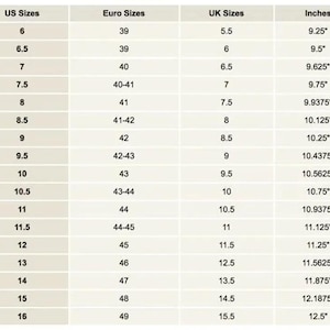 May include: A chart showing shoe size conversions for men's shoes in US, UK, Euro, and inches. The chart shows sizes from 6 to 16 in US sizes, 39 to 49 in Euro sizes, 5.5 to 15.5 in UK sizes, and 9.25 to 12.5 inches.