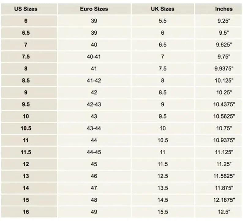 May include: A chart showing shoe size conversions for men's shoes in US, UK, Euro, and inches. The chart shows sizes from 6 to 16 in US sizes, 39 to 49 in Euro sizes, 5.5 to 15.5 in UK sizes, and 9.25 to 12.5 inches.