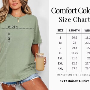 May include: Size chart for a unisex t-shirt in various sizes, with measurements in inches for length and width. The chart shows sizes S through 4XL.