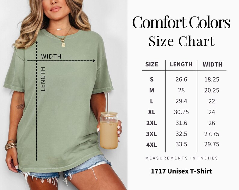 May include: Size chart for a unisex t-shirt in various sizes, with measurements in inches for length and width. The chart shows sizes S through 4XL.