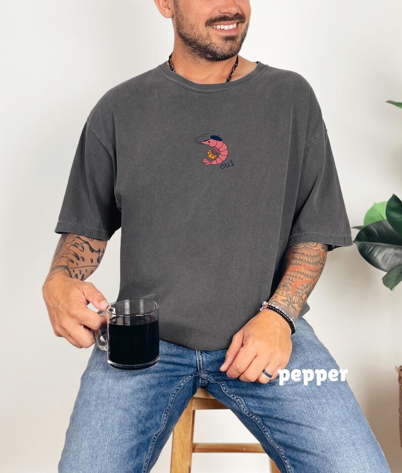 French Shrimp Shirt, Funny Shrimp Lover T-Shirt, Tiny French Shrimp & Croissant Fisherman Tee, Quirky Seafood Art Pepper