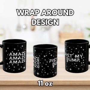 May include: A white ceramic mug with a black handle and the text "But First, Coffee" in a bold, black font. The mug is set against a blurred background, suggesting a cozy setting.