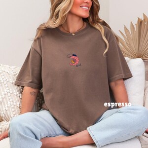 French Shrimp Shirt, Funny Shrimp Lover T-Shirt, Tiny French Shrimp & Croissant Fisherman Tee, Quirky Seafood Art Espresso