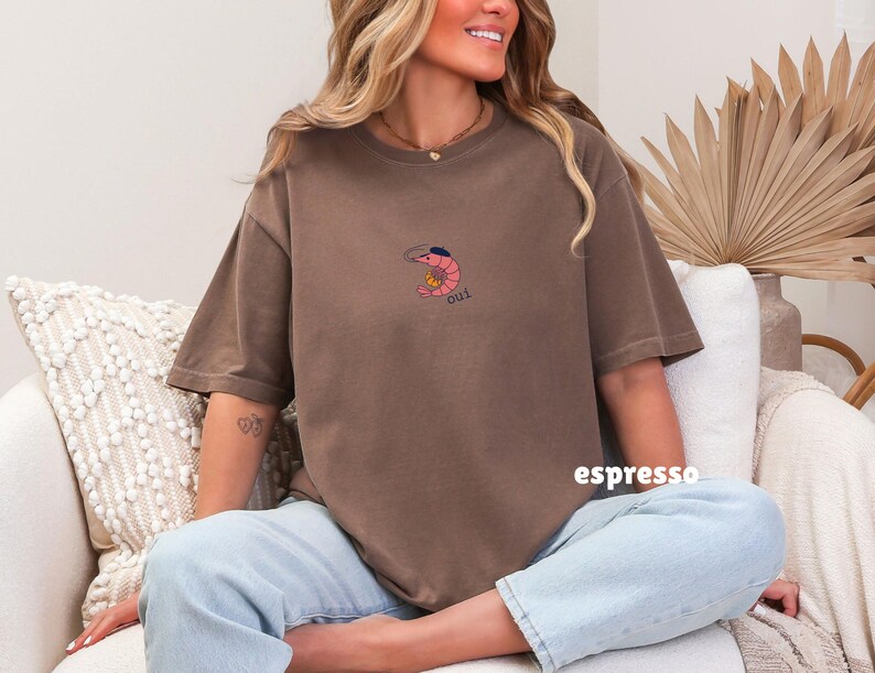 French Shrimp Shirt, Funny Shrimp Lover T-Shirt, Tiny French Shrimp & Croissant Fisherman Tee, Quirky Seafood Art Espresso