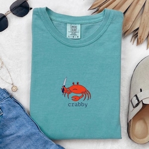 Shirt grappig, slechtgehumeurd, boos krab – uniek T-shirt met zeevruchten woordspeling voor krabliefhebbers, gemene schaaldieren met mes, cadeau Ocean Life Seafoam