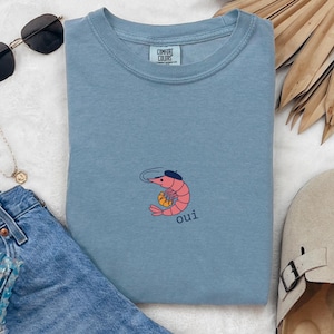 French Shrimp Shirt, Funny Shrimp Lover T-Shirt, Tiny French Shrimp & Croissant Fisherman Tee, Quirky Seafood Art