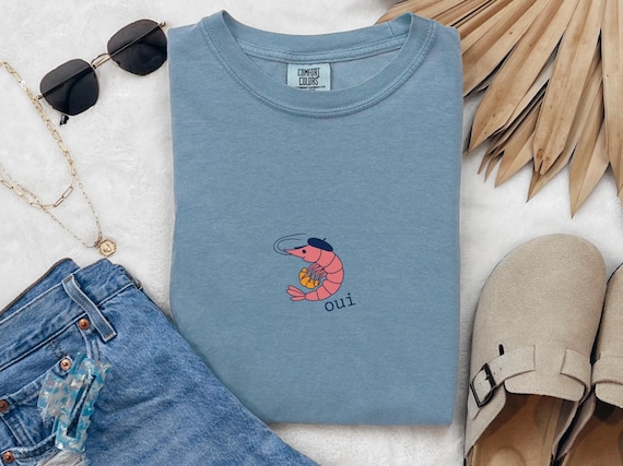 French Shrimp Shirt, Funny Shrimp Lover T-Shirt, Tiny French Shrimp & Croissant Fisherman Tee, Quirky Seafood Art