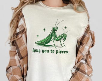 Donkere humor T-shirt bidsprinkhaan, gothic horror T-shirt liefde doet pijn