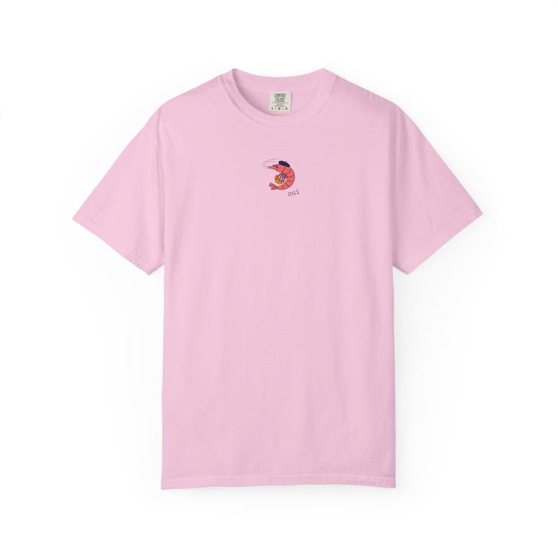 French Shrimp Shirt, Funny Shrimp Lover T-Shirt, Tiny French Shrimp & Croissant Fisherman Tee, Quirky Seafood Art Blossom