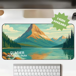 May include: A rectangular Glacier National Park mousepad featuring a scenic landscape with a mountain, lake, and trees. The design includes the text "Glacier National Park" and a green starburst that says "3 sizes available".