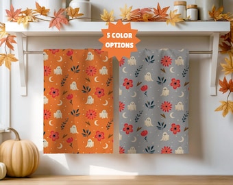 Boho Ghost Halloween Hand Towel, Spooky Kitchen Decor with Flower Design