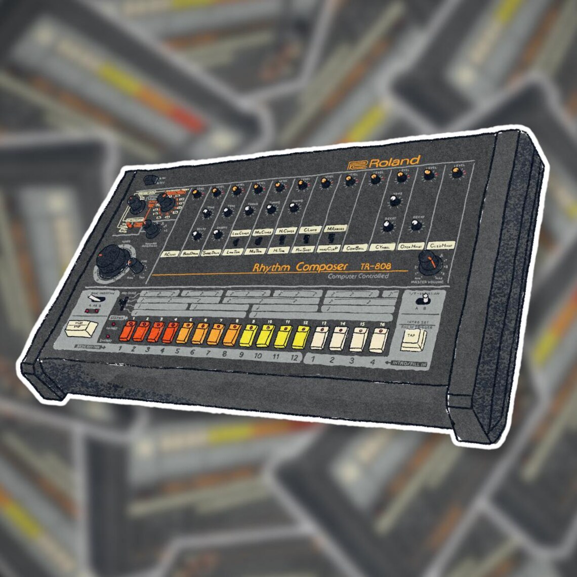 Hand-drawn Roland TR-808 Glossy Sticker – Water-resistant, 4