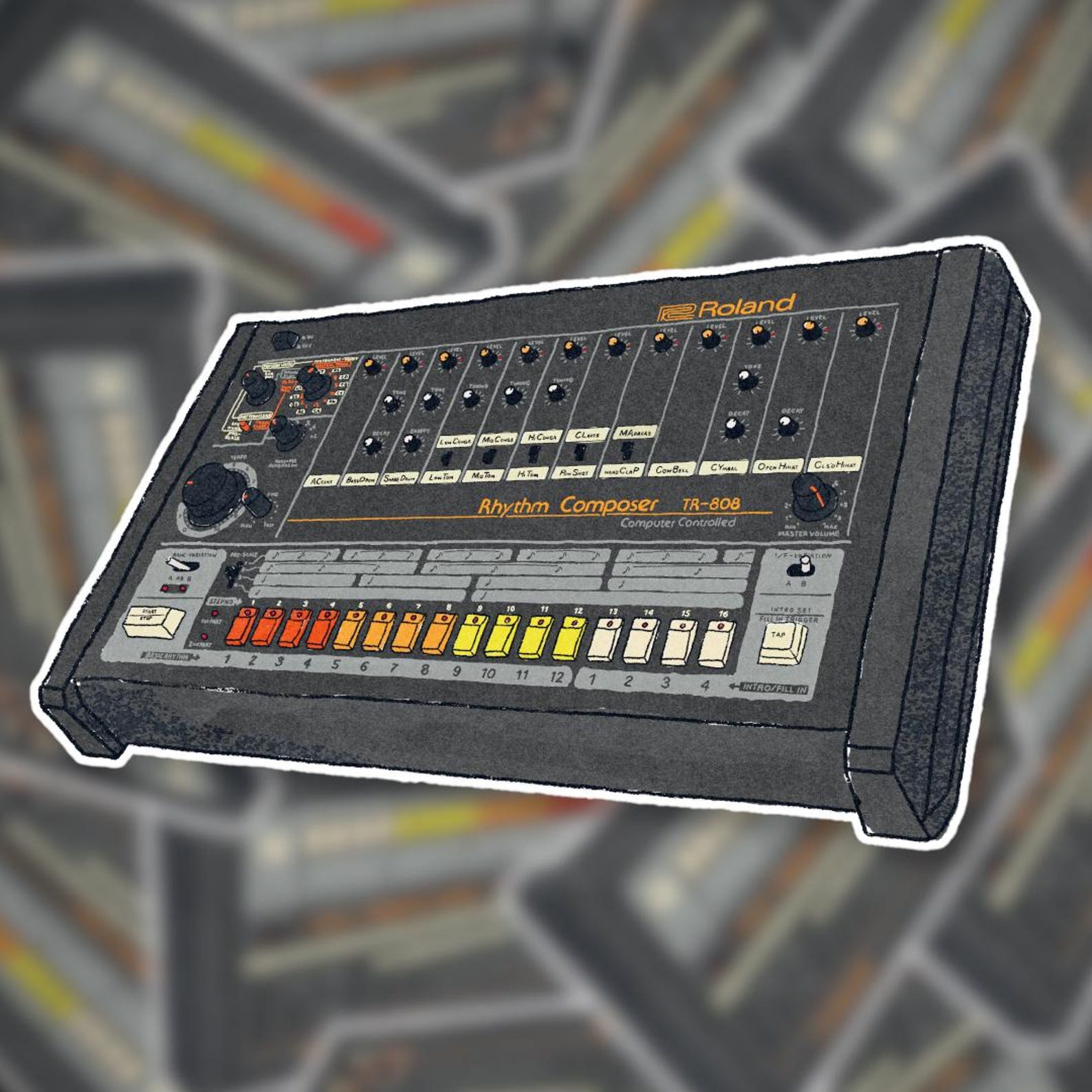 Hand-drawn Roland TR-808 Glossy Sticker – Water-resistant, 4