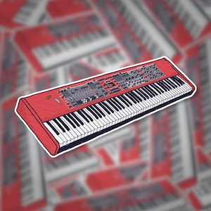 May include: A red and black sticker of a keyboard synthesizer. The sticker features a detailed illustration of the instrument, including the keys, control panel, and various buttons and knobs. The background is a blurred pattern of similar keyboards.