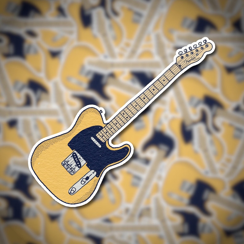 May include: A sticker of a yellow and navy blue electric guitar with the word "Fender" on the headstock. The guitar has a classic design with six strings and a pickguard. The sticker is outlined in white.