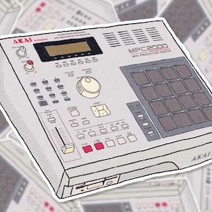 May include: A sticker of an Akai MPC2000 MIDI Production Center. The sticker is light gray with black details, including buttons, pads, and a display. The text "MPC2000 MIDI PRODUCTION CENTER" is visible. The sticker has a white border.