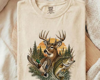 Vintage Deer Fishing T Shirt, Wildlife Graphic Tee, Duck Hunting Shirt, Rustic Outdoor Shirt, Nature Lover Gift, Retro Camping Tee