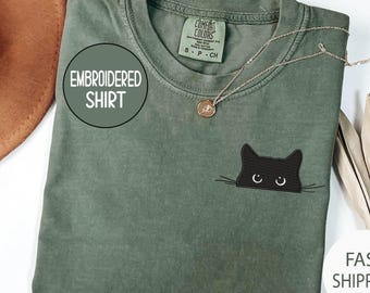 Embroidered Cat Shirt, Black Cat Shirt, Gift for Cat Lover, Cat Mom Shirt, Floral Cat Shirt, Cat Lover T-shirt, Cat Tee