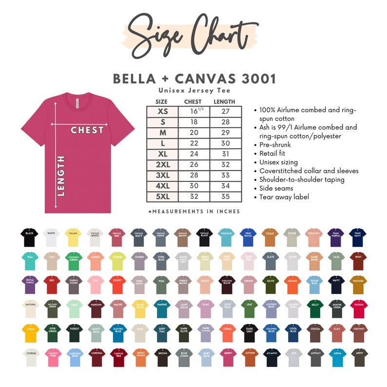 以下が含まれることがあります： Bella + Canvas 3001ユニセックスジャージーTシャツのサイズチャート。XSから5XLまでの胸囲と着丈のインチ単位の測定値が含まれています。画像にはピンクのTシャツと幅広い色も表示されています。