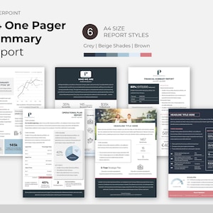 May include: A one-page business report template in a dark gray and beige color scheme. The template includes sections for an executive summary, financial summary, operational plan, and a 5-year strategic plan. The template also includes a headline title, a topic heading, and a returns section. The template is designed to be used for a business presentation or report.