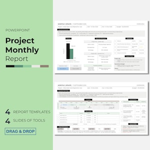 May include: A PowerPoint template in green and white, featuring a "Project Monthly Report". The image includes charts, tables, and the text "4 Report Templates" and "4 Slides of Tools". The words "Drag & Drop" are also visible. The presentation is designed for business use.