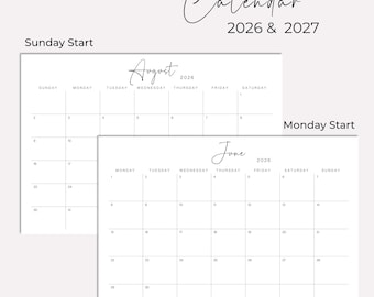 2026 2027 Maandkalender liggend | Zondag Start maandag | Letter- en A4-formaat | Afdrukbare pdf