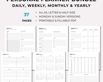 Persoonlijke plannerbundel | Dagelijks, Wekelijks, Maandelijks, Jaarlijks, Kalender, Habit Tracker, | Afdrukbaar en invulbaar | A4, A5, letter, halve letter
