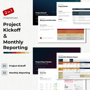 May include: A 2-in-1 PowerPoint presentation template set for project management. The slides feature dark blue and white layouts with text including Project Kickoff, Milestones & Deliverables, Project Details, and Detailed Risk Mitigation Report.