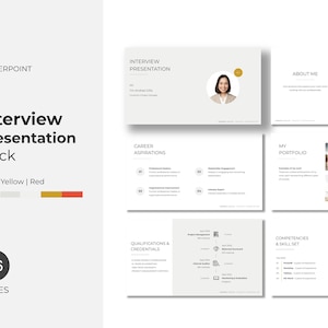 Könnte beinhalten: Ein PowerPoint-Präsentationsdeck mit dem Titel "Interview Presentation Deck" mit einem Grau-, Gelb- und Rot-Farbschema. Das Deck enthält Folien zu Karrierezielen, Qualifikationen und Kompetenzen. Die Präsentation hat 36 Folien.